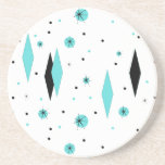 Retro Turquoise Diamonds & Starburst Stone Coaster<br><div class="desc">This Retro Turquoise Diamonds and Starbursts Sandstone Coaster is a new take on a vintage style. It features kitschy, black starbursts on turquoise polka dots, surrounding geometric, turquoise and black diamond shapes. Customise the background colour on this mid century modern product if you're feeling daring, or leave it white if...</div>