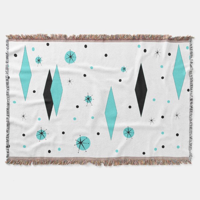 Retro Turquoise Diamonds & Starburst Throw Blanket (Front)