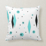Retro Turquoise Diamonds & Starburst Throw Pillow<br><div class="desc">This Retro Turquoise Diamonds and Starbursts Throw Pillow is a new take on a vintage style. It features kitschy, black starbursts on turquoise polka dots, surrounding geometric, turquoise and black diamond shapes. Customise the background colour on this mid century modern product if you're feeling daring, or leave it white if...</div>