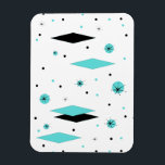 Retro Turquoise Diamonds & Starbursts Flexi Magnet<br><div class="desc">This Retro Turquoise Diamonds and Starbursts Flexible Magnet is a new take on a vintage style. It features kitschy, black starbursts on turquoise polka dots, surrounding geometric, turquoise and black diamond shapes. Customise the background colour on this mid century modern product if you're feeling daring, or leave it white if...</div>