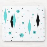 Retro Turquoise Diamonds & Starbursts Mousepad<br><div class="desc">This Retro Turquoise Diamonds and Starbursts Mousepad is a new take on a vintage style. It features kitschy, black starbursts on turquoise polka dots, surrounding geometric, turquoise and black diamond shapes. Customise the background colour on this mid century modern product if you're feeling daring, or leave it white if subdued...</div>