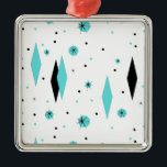 Retro Turquoise Diamonds & Starbursts Ornament<br><div class="desc">This Retro Turquoise Diamonds and Starbursts Christmas Ornament is a new take on a vintage style. It features kitschy, black starbursts on turquoise polka dots, surrounding geometric, turquoise and black diamond shapes. Customise the background colour on this mid century modern product if you're feeling daring, or leave it white if...</div>