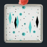 Retro Turquoise Diamonds & Starbursts Ornament<br><div class="desc">This Retro Turquoise Diamonds and Starbursts Christmas Ornament is a new take on a vintage style. It features kitschy, black starbursts on turquoise polka dots, surrounding geometric, turquoise and black diamond shapes. Customise the background colour on this mid century modern product if you're feeling daring, or leave it white if...</div>
