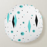 Retro Turquoise Diamonds & Starbursts Round Pillow<br><div class="desc">This Retro Turquoise Diamonds and Starbursts Round Pillow is a new take on a vintage style. It features kitschy, black starbursts on turquoise polka dots, surrounding geometric, turquoise and black diamond shapes. Customise the background colour on this mid century modern product if you're feeling daring, or leave it white if...</div>