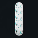 Retro Turquoise Diamonds & Starbursts Skateboard<br><div class="desc">This Retro Turquoise Diamonds and Starbursts Skateboard is a new take on a vintage style. It features kitschy, black starbursts on turquoise polka dots, surrounding geometric, turquoise and black diamond shapes. Customise the background colour on this mid century modern product if you're feeling daring, or leave it white if subdued...</div>