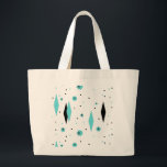 Retro Turquoise Diamonds & Starbursts Tote Bag<br><div class="desc">This Retro Turquoise Diamonds and Starbursts Tote Bag is a new take on a vintage style. It features kitschy, black starbursts on turquoise polka dots, surrounding geometric, turquoise and black diamond shapes. Customise the background colour on this mid century modern product if you're feeling daring, or leave it white if...</div>