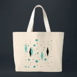 Retro Turquoise Diamonds & Starbursts Tote Bag<br><div class="desc">This Retro Turquoise Diamonds and Starbursts Tote Bag is a new take on a vintage style. It features kitschy, black starbursts on turquoise polka dots, surrounding geometric, turquoise and black diamond shapes. Customise the background colour on this mid century modern product if you're feeling daring, or leave it white if...</div>