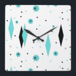 Retro Turquoise Diamonds & Starbursts Wall Clock<br><div class="desc">This Retro Turquoise Diamonds and Starbursts Acrylic Wall Clock is a new take on a vintage style. It features kitschy, black starbursts on turquoise polka dots, surrounding geometric, turquoise and black diamond shapes. Customise the background colour on this mid century modern product if you're feeling daring, or leave it white...</div>