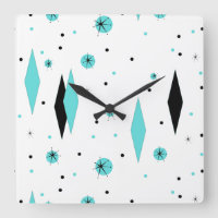 Retro Turquoise Diamonds & Starbursts Wall Clock