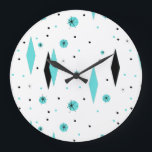 Retro Turquoise Diamonds & Starbursts Wall Clock<br><div class="desc">This Retro Turquoise Diamonds and Starbursts Acrylic Wall Clock is a new take on a vintage style. It features kitschy, black starbursts on turquoise polka dots, surrounding geometric, turquoise and black diamond shapes. Customise the background colour on this mid century modern product if you're feeling daring, or leave it white...</div>