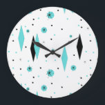 Retro Turquoise Diamonds & Starbursts Wall Clock<br><div class="desc">This Retro Turquoise Diamonds and Starbursts Acrylic Wall Clock is a new take on a vintage style. It features kitschy, black starbursts on turquoise polka dots, surrounding geometric, turquoise and black diamond shapes. Customise the background colour on this mid century modern product if you're feeling daring, or leave it white...</div>