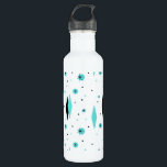 Retro Turquoise Diamonds & Starbursts Water Bottle<br><div class="desc">This Retro Turquoise Diamonds and Starbursts Water Bottle is a new take on a vintage style. It features kitschy, black starbursts on turquoise polka dots, surrounding geometric, turquoise and black diamond shapes. Customise the background colour on this mid century modern product if you're feeling daring, or leave it white if...</div>