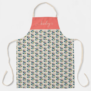 Retro Turquoise Floral Pattern Apron