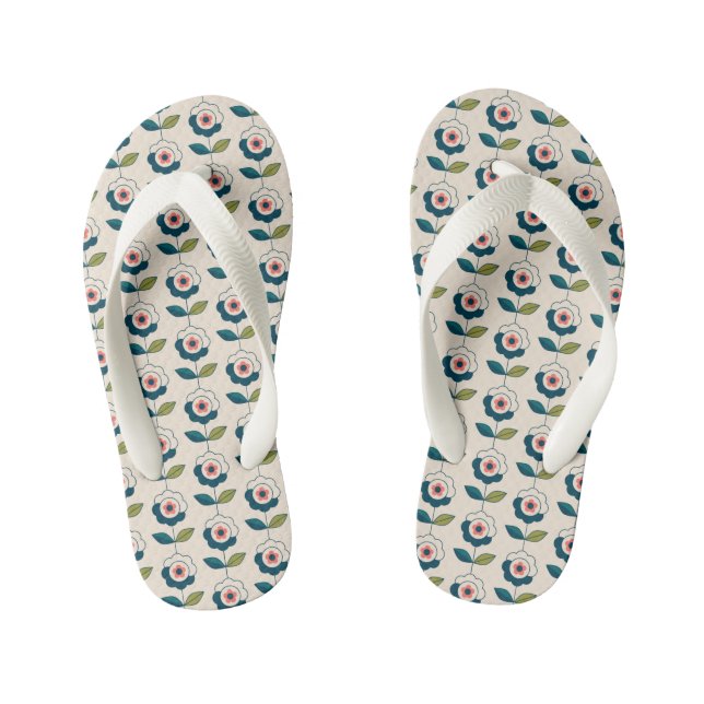 Retro Turquoise Floral Pattern Kid's Thongs (Footbed)