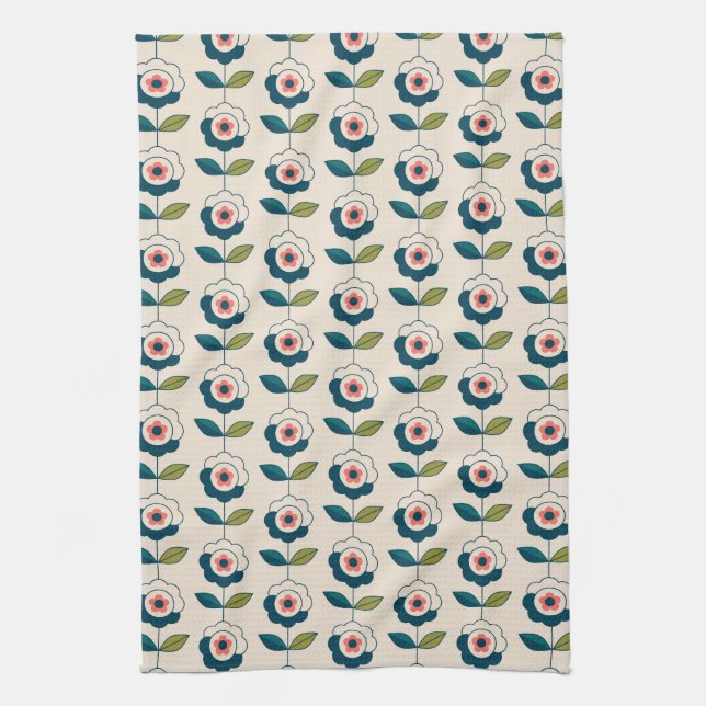 Retro Turquoise Floral Pattern Tea Towel (Vertical)