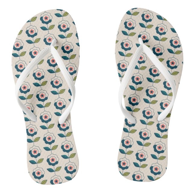 Retro Turquoise Floral Pattern Thongs (Footbed)
