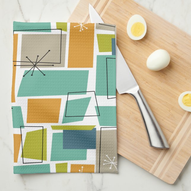 Retro Turquoise Green Orange Squares Mid-century Tea Towel (Quarter Fold)