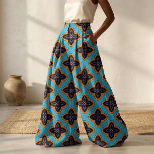 Retro Turquoise Orange Black Geometric Pattern Fabric