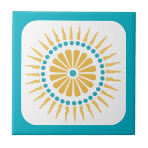 Retro Turquoise Orange Sunburst Tile