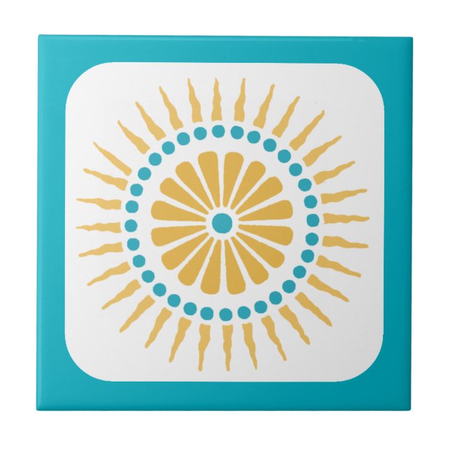 Retro Turquoise Orange Sunburst Tile (Front)