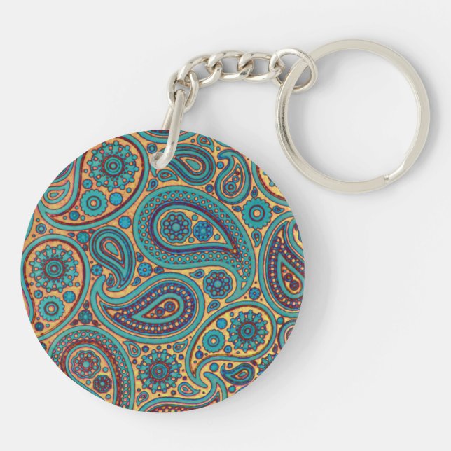 Retro Turquoise Rainbow Paisley motif Key Ring (Back)