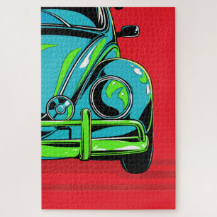 Retro Turquoise Sports Car Front Pop Art Jigsaw Puzzle