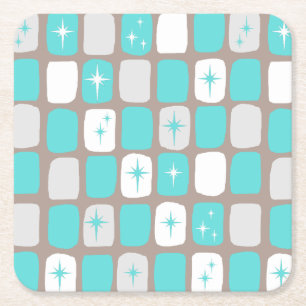Retro Turquoise Starbursts Hard Paper Coasters