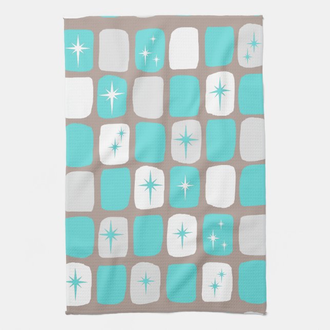 Retro Turquoise Starbursts Kitchen Towel (Vertical)