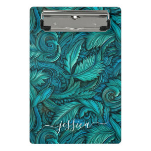 Retro turquoise tooled leather script name mini clipboard