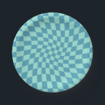 Retro Twist Blue Checks Warped Chequerboard Paper Plate<br><div class="desc">Perfect warped chequered design. Modern warped checkers. This nice retro psychedelic design takes you to the wonderland. Warped checks in pastel colours. Twirl and swirl,  twist checks,  chequered pattern</div>