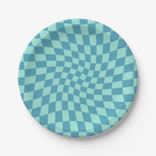 Retro Twist Blue Checks Warped Chequerboard Paper Plate