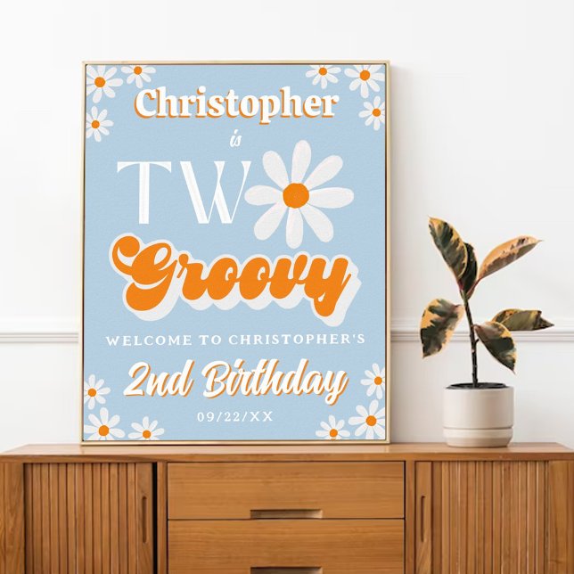 Retro Two Groovy Boys 2nd Birthday Welcome Poster (Creator Uploaded)