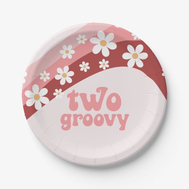 Retro Two Groovy daisy boho floral 2nd birthday Paper Plate (Front)