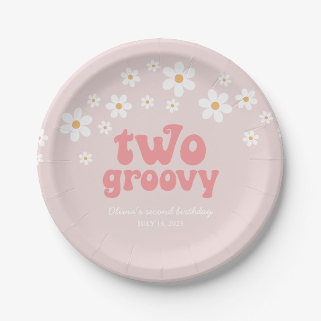 Retro Two Groovy daisy boho floral second birthday Paper Plate (Front)