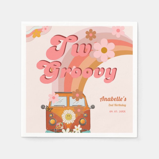 Retro two Groovy Daisy Flower Birthday Party Napkin (Front)
