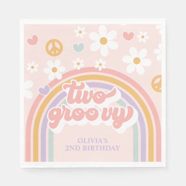 Retro Two Groovy Girl Rainbow 2nd Birthday Napkin (Front)
