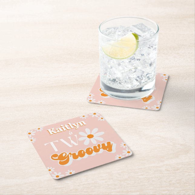 Retro Two Groovy Girls 2nd Birthday Square Paper Coaster (Insitu)