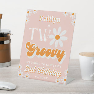 Retro Two Groovy Girls 2nd Birthday Welcome Pedestal Sign