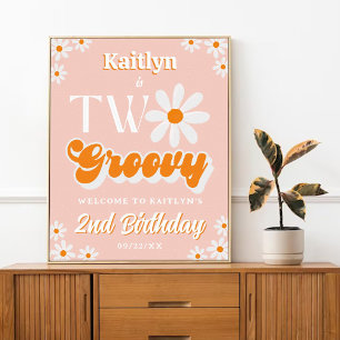 Retro Two Groovy Girls 2nd Birthday Welcome Poster