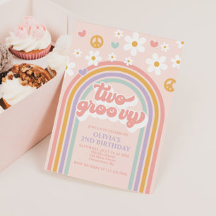 Retro Two Groovy Rainbow 2nd Birthday Invitation
