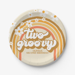 Retro Two GroovY Rainbow Brown Orange Birthday Paper Plate