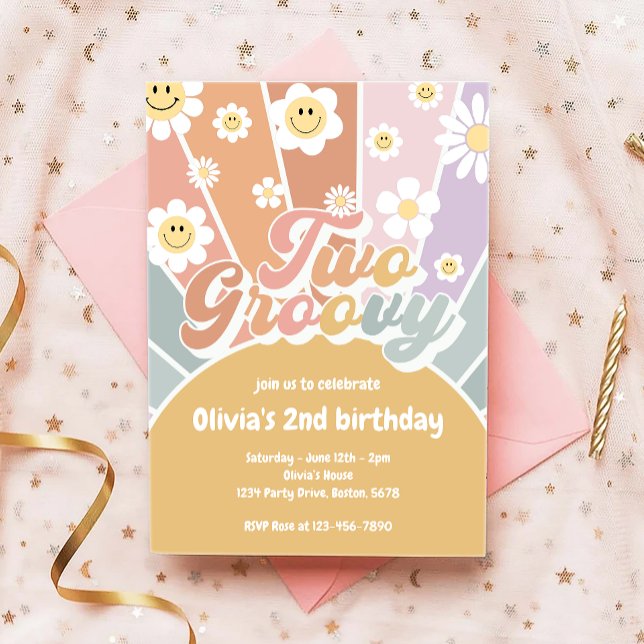 Retro Two Groovy Sunshine Daisy Boho 2nd Birthday Invitation (Creator Uploaded)