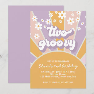 Retro Two Groovy Sunshine daisy purple Invitation