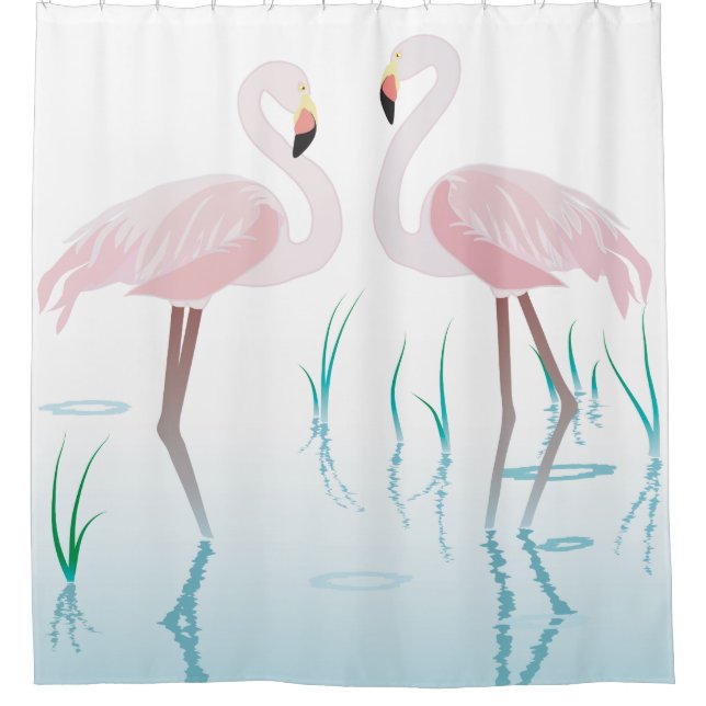 Retro Two Pink Flamingos in Pond Shower Curtain (Front)