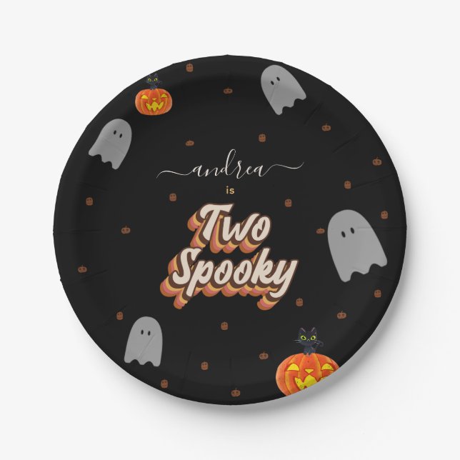 Retro Two Spooky 2nd Halloween Birthday Party Paper Plate (Front)