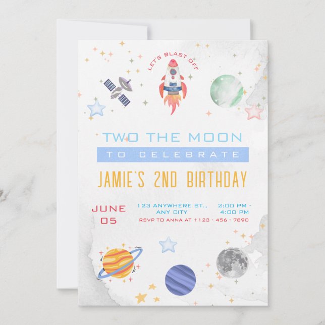 Retro Two The Moon Outer Space Birthday Party Invitation (Front)
