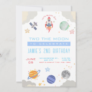 Retro Two The Moon Outer Space Birthday Party Invitation