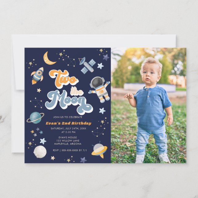 Retro Two the Moon Space Birthday   Invitation (Front)