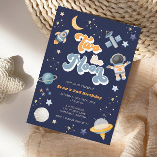 Retro Two the Moon Space Birthday   Invitation