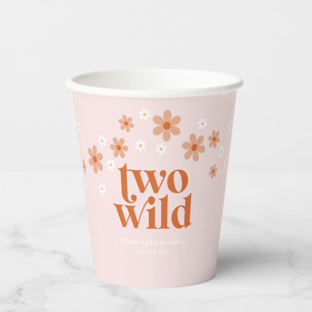 Retro two wild daisy boho second birthday paper cups (Front)